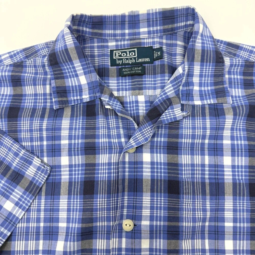 Polo Ralph Lauren Andy Camp Mens Medium Blue Plaid Cotton Short Sleeve Shirt